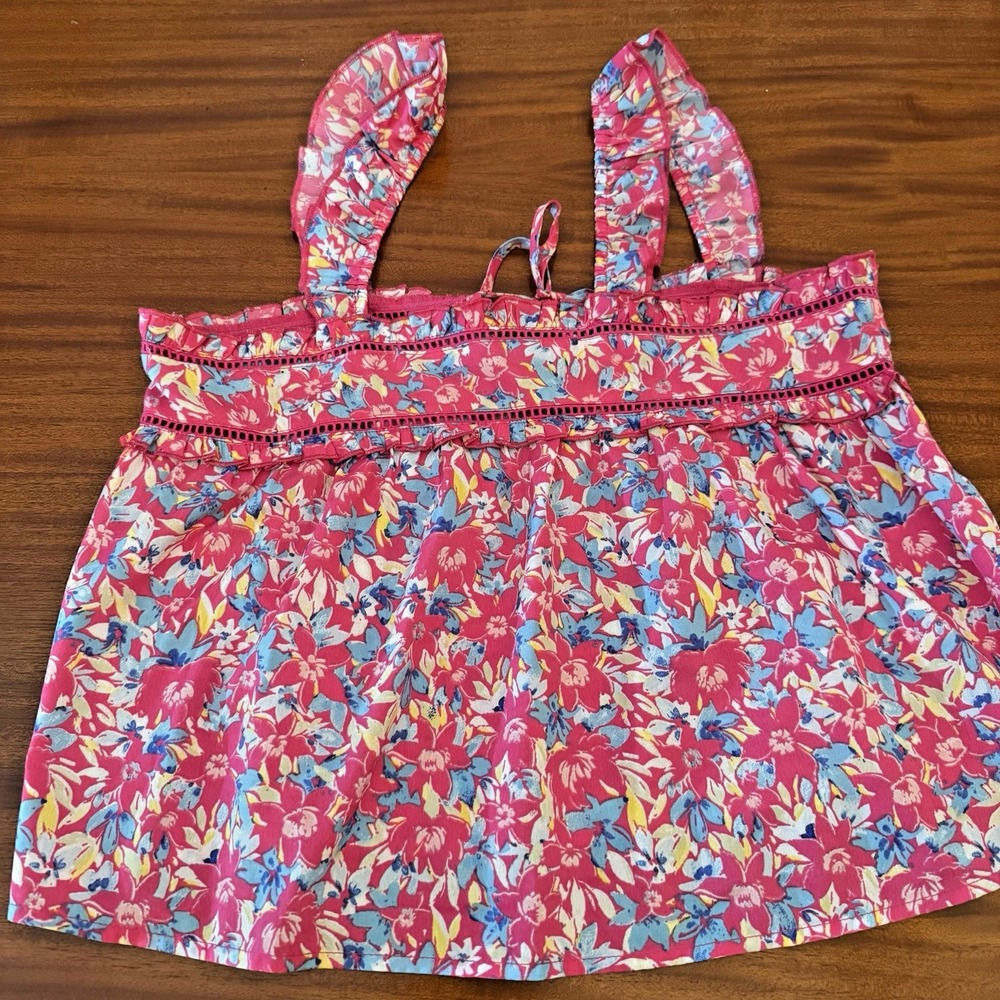 BOG Collective Floral Tank Top Women's XS Hot Pink Turquoise Keyhole Back Eyelet